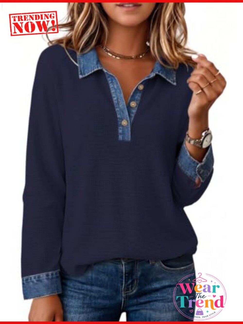 Waffle Knit Denim Accent Polo Sweatshirt Long Sleeve Casual Pullover